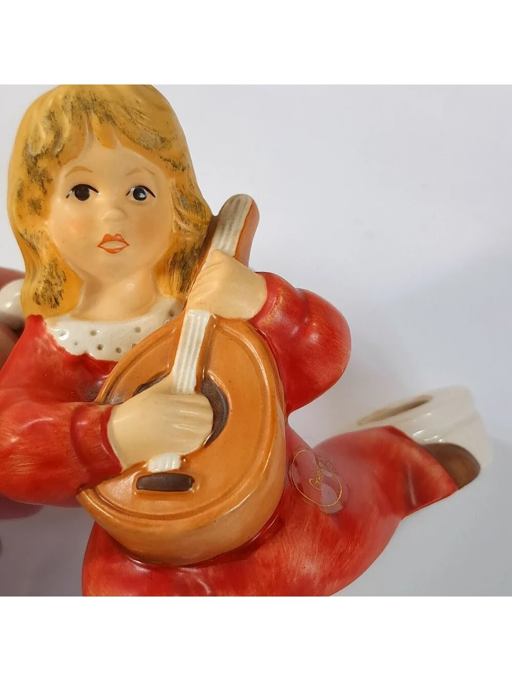 Vintage Goebel Weihnacht angel girl candle holder red Mandolin 42-077 figurine